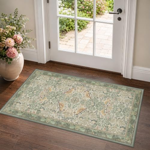Washable Sage Green Floral Rugs for Entryway - Small 2x4 Runner Rug for Kitchen Bathroom Door Mat Indoor Entrance with Bird & Botanical Pattern, Light Green and Beige, Non Slip Low Pile