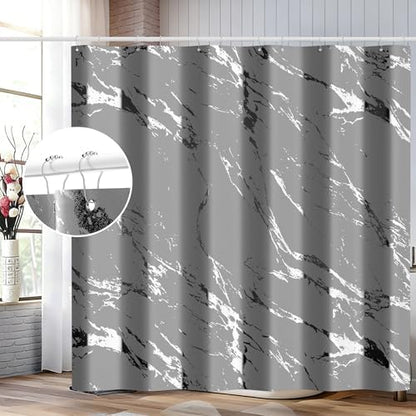 Gray Marble Shower Curtain Set with Silver Metal Hooks, Fabric Shower Curtain for Bathroom, Modern Luxury Bathroom Curtain, Water-Resistant Polyester Bath Curtain, 72 x 72 Inches