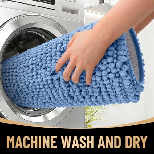 OLANLY Thick Chenille Absorbent Bathroom Rugs Mat 34x21, Cornflower Blue