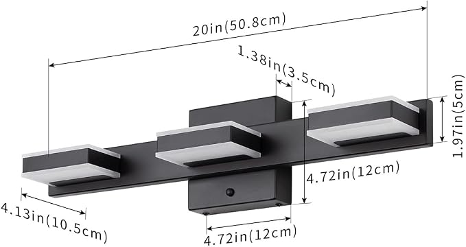 mirrea 20" 3 Light 3CCT LED Black Bathroom Vanity Light Fixture | Over Mirror,Bathroom Lighting,3000K/4000K/5000K ,Dimmable,Rust-resistant,Moisture-resistant,Acrylic shade,Wall Mount