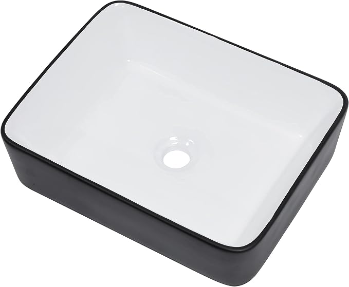 Bathroom Vessel Sink Ceramic Art Basin Above Counter White and Black | 19"x15" Rectangular Bathroom Sink Porcelain Vessel Vanity Sink