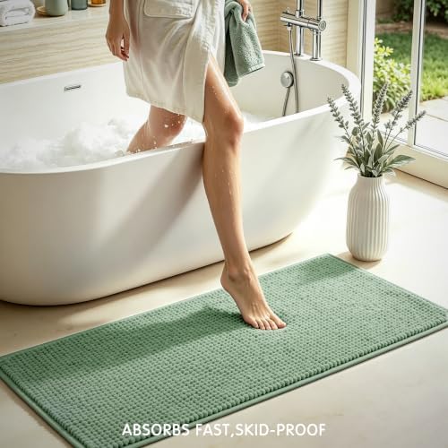 SUBRTEX Bathroom Rugs, 24" x 44" Chenille Bath Rug Soft Short Plush Bath Mat Soft Shower Mat Water Absorbent Shower Mat Quick Dry Machine Washable, Sage Green