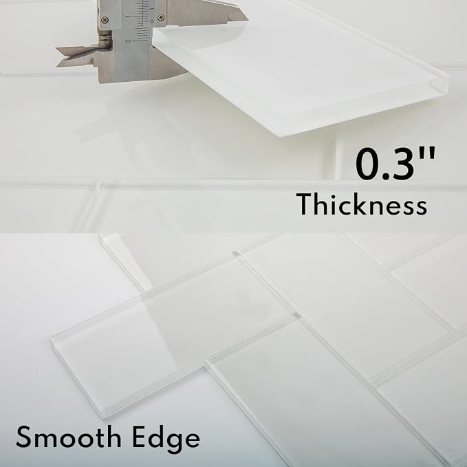 White Glass Subway Tile, Glass for Bathroom Kitchen Shower Backsplash Wall, 3 x 6 Inches, 4 Sq.Ft.