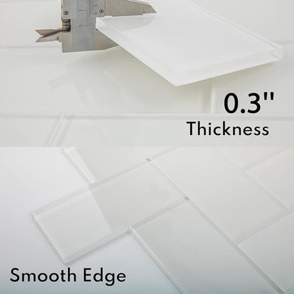 White Glass Subway Tile, Glass for Bathroom Kitchen Shower Backsplash Wall, 3 x 6 Inches, 4 Sq.Ft.
