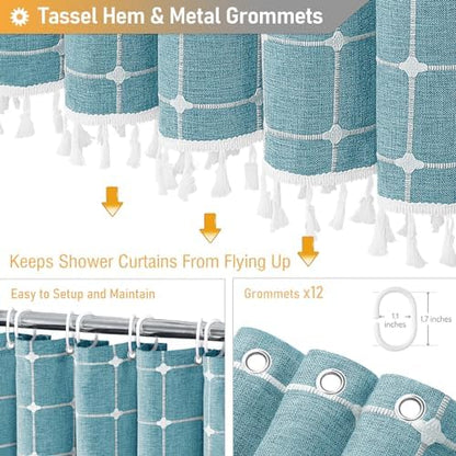BTTN 72x78 Boho Farmhouse Linen Fabric Shower Curtain Set, Turquoise/Teal