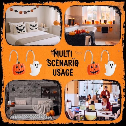 Thyle 12 pcs Halloween Shower Curtain Hooks Decorative Resin Ghost and Pumpkin Shower Curtain Rings Metal Hangers Bathroom Holiday Decoration Accessories for Bathroom Halloween Party