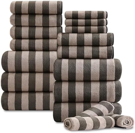 18 Pcs Brown Cabana Stripe Bath Towel Set with Hanging Loop-6 Bath Towels,6 Hand Towels,6 Washcloths Soft Microfiber Family Towels Highly Absorbent Quick Dry Shower Towel for Bathroom Beach Spa Gym