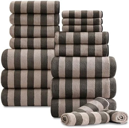 18 Pcs Brown Cabana Stripe Bath Towel Set with Hanging Loop-6 Bath Towels,6 Hand Towels,6 Washcloths Soft Microfiber Family Towels Highly Absorbent Quick Dry Shower Towel for Bathroom Beach Spa Gym