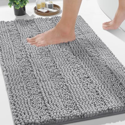 Yimobra Bathroom Rug Mat 32 x 20, Non Slip and Super Absorbent Bath Mat,Machine Washable Quick Dry,Ultra Plush Chenille Shower Rugs for Bathroom Floor Sink Tub and Shower Outside,Gray