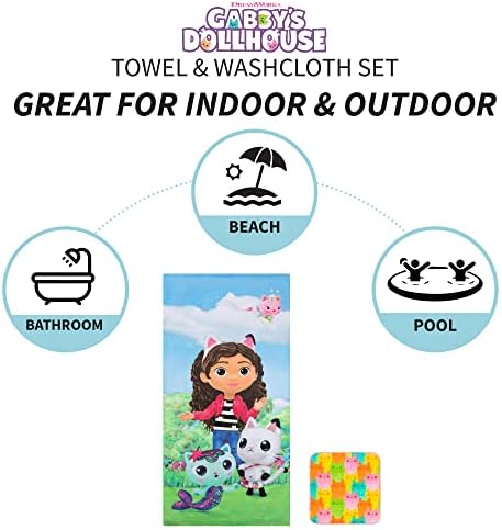 Franco Gabby's Dollhouse, Gabby, Mercat and Pandy Kids Bath/Pool/Beach Soft Absorbent Cotton Terry Towel with Washcloth 2 Piece Set, 50 in x 25 in, (Official DreamWorks Product)