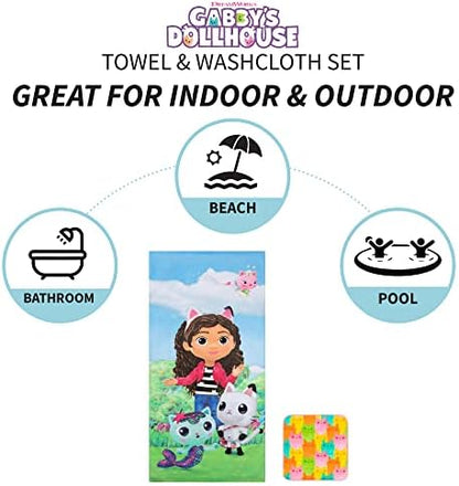 Franco Gabby's Dollhouse, Gabby, Mercat and Pandy Kids Bath/Pool/Beach Soft Absorbent Cotton Terry Towel with Washcloth 2 Piece Set, 50 in x 25 in, (Official DreamWorks Product)