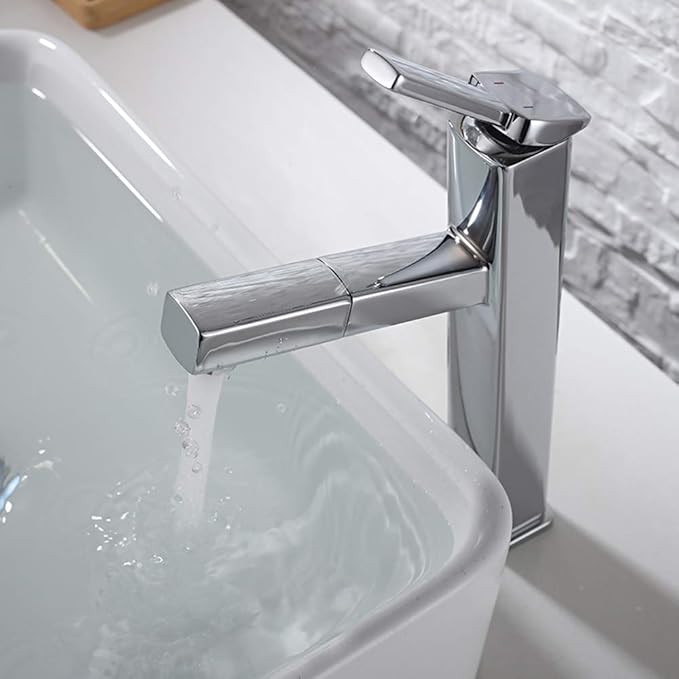 KAIYING Bathroom Pull Down Vessel Sink Faucet, Lavatory Single Hole Basin Sink Faucet with Pull Out Sprayer, Single Handle Utility Mixer Tap with Rotating Spout (Tall, Chrome)