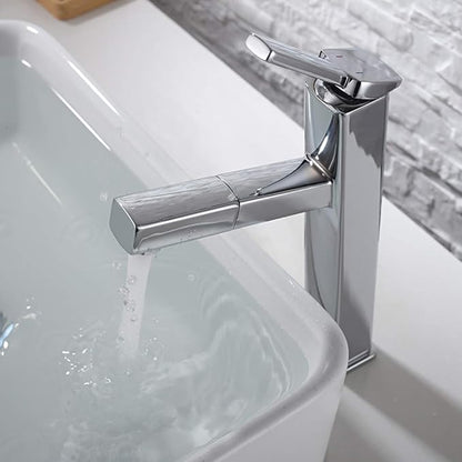 KAIYING Bathroom Pull Down Vessel Sink Faucet, Lavatory Single Hole Basin Sink Faucet with Pull Out Sprayer, Single Handle Utility Mixer Tap with Rotating Spout (Tall, Chrome)