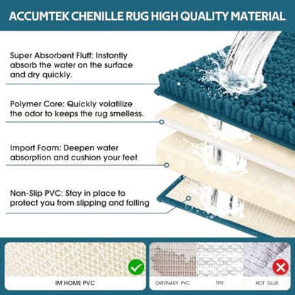 ACCUMTEK Upgrade Extra Large Teal Blue Bathroom Rug Set 3 Pieces Ultra Soft, Thick Absorbent Bath Mats, Non Slip Chenille Toilet Mat for Bathroom, Bedroom, Kitchen