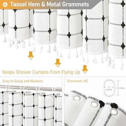 BTTN Stall Boho Farmhouse Linen Shower Curtain Set, 36x72, White and Black