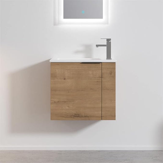 Henf Wall Mount 22 Inch Bathroom Vanity W/Sink Combo for Small Space, Modern Design Vanity Cabinet Gel Basin Countertop, Float Mounting Design Cabinet Set with Soft Close Doors, Oak (Without Faucet)