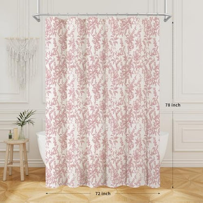 Pink Boho Linen Fabric Shower Curtain , Farmhouse Floral For Bathroom