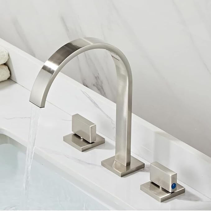 Bathroom Faucet Waterfall, Double Handle, Faucets for Sink Splashback Modern Vanity 3 Holes-Gold(Drawing)