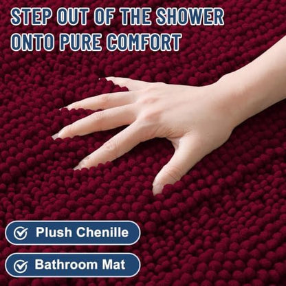 Grandaily Chenille Striped Bathroom Rugs 59x20, Extra Thick and Soft Absorbent Bath Mats, Rubber Backing, Plush Shaggy Shower Carpet, Machine Wash Dry, Bath Rug for Bathroom, Wine Red