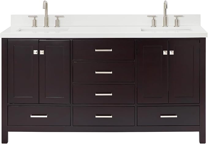ARIEL Cambridge 66-inch Bathroom Vanity with Sink,Solid Wood, 1.5-inch Pure White Quartz Countertop, Double Rectangular Porcelain Sink, 4 Soft Closing Doors, 6 Dovetail Drawers, Espresso