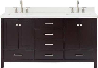 ARIEL Cambridge 66-inch Bathroom Vanity with Sink,Solid Wood, 1.5-inch Pure White Quartz Countertop, Double Rectangular Porcelain Sink, 4 Soft Closing Doors, 6 Dovetail Drawers, Espresso