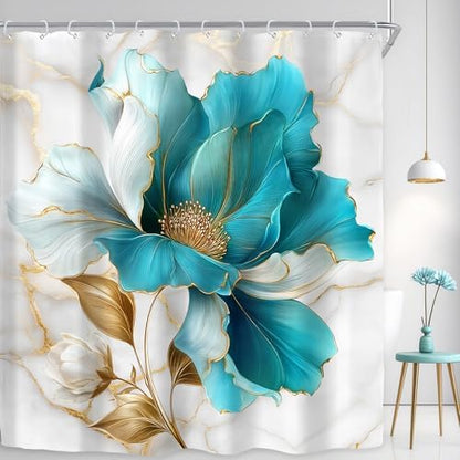 Teal Gold Marble Floral Extra Long Abstract Art Bathroom Shower Curtain Set