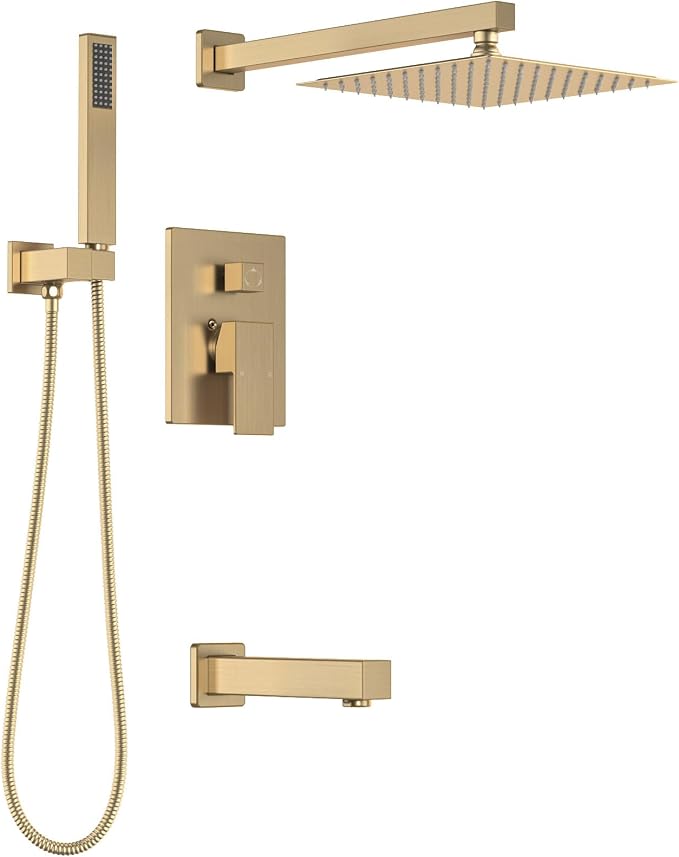 Lava Odoro Modern 3-Setting Square Shower and Tub Faucet Set with Shower Head and Handheld Sprayer Gold, Rainfall Shower System with Tub Spout, Shower Valve Trim Kit, Champagne Gold, SF103-CB-T