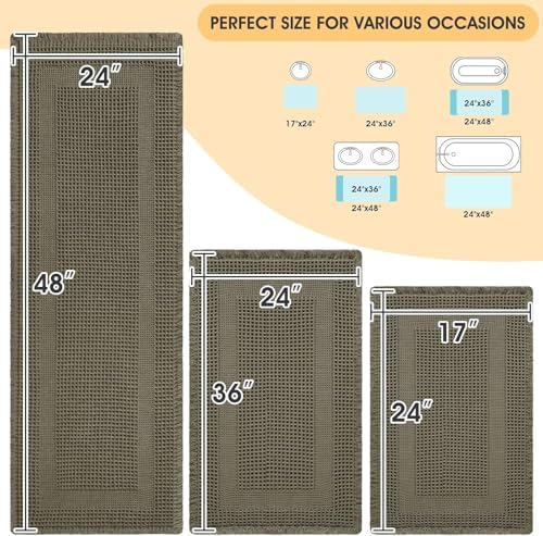 Upgrade Waffle Bath Mat Set 3 Piece, Greyish Green, Boho Bathroom Rugs Absorbent Non Slip, Ultra Soft Bathroom Mat, Machine Washable Knit Bath Rugs with Tassels for Bathroom, Kitchen, Shower, Tub