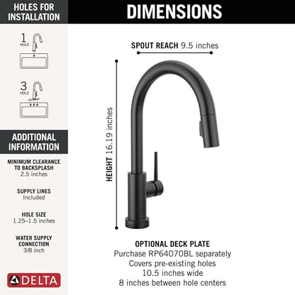 Delta Trinsic Matte Black Touch Kitchen Faucet with Pull Down Sprayer, Modern Single Hole Touch On Kitchen Sink Faucet, Single Handle, Matte Black 9159T-BL-DST
