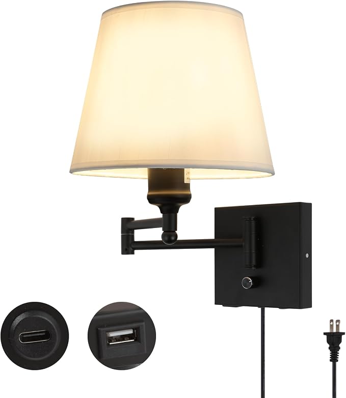 Bedside Wall Mount Light with Dimmable Switch and USB C+A Charging Port, Swing Arm Fabric Shade Wall Sconce Light with Plug in Cord, Black Wall Lamp for Bedroom, Living Room and Hotel