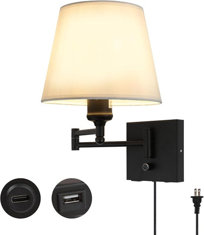 Bedside Wall Mount Light with Dimmable Switch and USB C+A Charging Port, Swing Arm Fabric Shade Wall Sconce Light with Plug in Cord, Black Wall Lamp for Bedroom, Living Room and Hotel