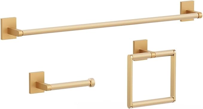 Bathroom Hardware Set 3 Piece Brushed Nickel/Brushed Gold Bathroom Accessories Set Including 24" Hand Towel Bars, Toilet Paper Holders, Towel Rings(3pcs, Brushed Gold)