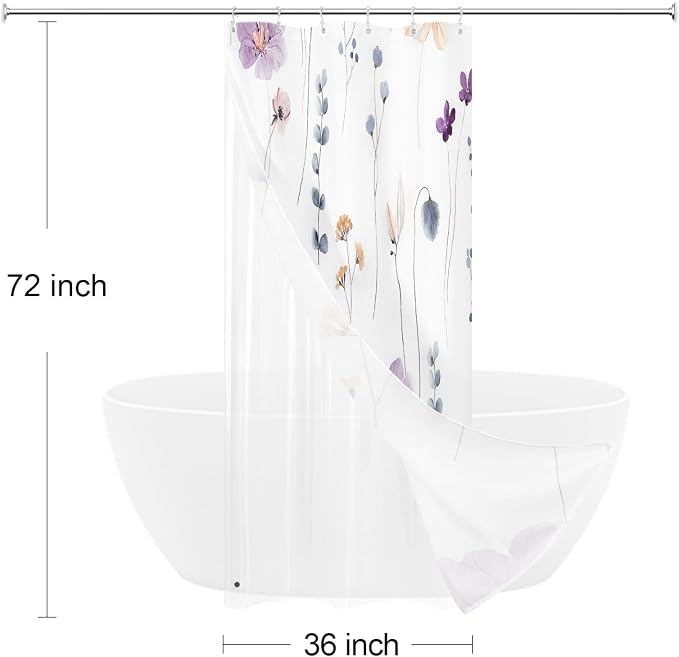 Small Stall 3 in 1 Shower Curtain Set, Purple Watercolor Floral Bath Curtain and PEVA Liner Set with 12 Double Sided Steel Hooks, Waterproof Fabric Bathroom Curtain 36x72