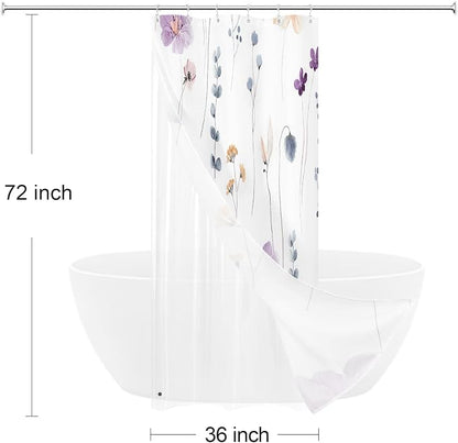 Small Stall 3 in 1 Shower Curtain Set, Purple Watercolor Floral Bath Curtain and PEVA Liner Set with 12 Double Sided Steel Hooks, Waterproof Fabric Bathroom Curtain 36x72