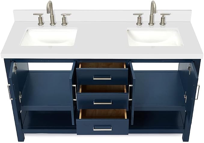 ARIEL Magnolia 60-inch Bathroom Vanity with Sink,Solid Wood, 1.5-inch Pure White Quartz Countertop, Double Rectangular Porcelain Sink, 4 Soft Closing Doors, 3 Dovetail Drawers, Midnight Blue