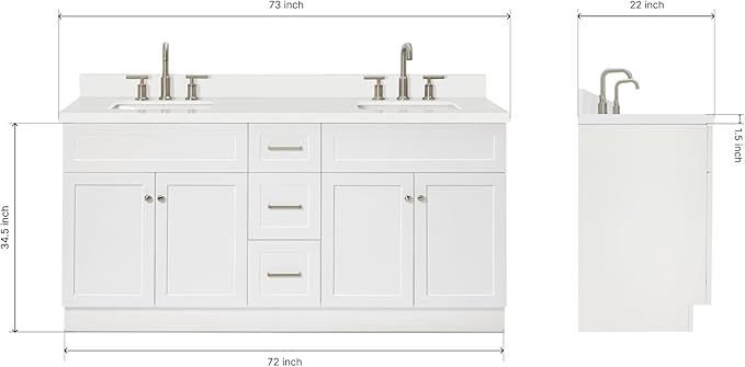 ARIEL Hamlet 72-inch Bathroom Vanity with Sink,Solid Wood, 1.5-inch Pure White Quartz Countertop & Backsplash, Double Rectangular Porcelain Sink, 4 Soft Closing Doors, 3 Dovetail Drawers, White