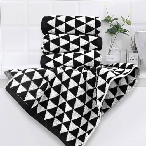 Jacquotha Black and White Hand Towels (Geometric Triangle), 4 Pack