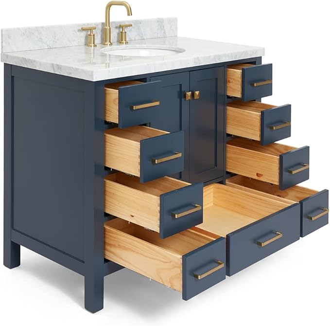 ARIEL Cambridge 42-inch Bathroom Vanity with Sink,Solid Wood, 1.5-inch Italian Carrara Marble Countertop, Single Oval Porcelain Sink, 2 Soft Closing Doors, 9 Dovetail Drawers, Midnight Blue