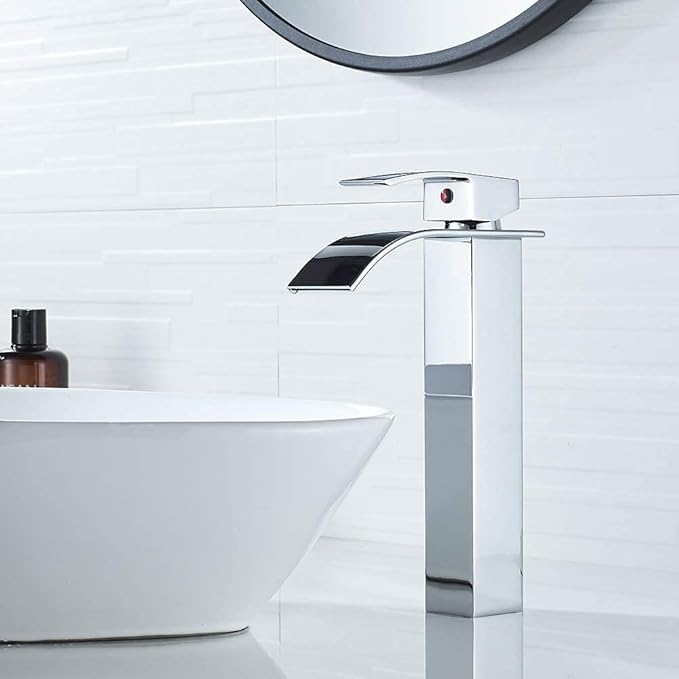 VOTON Vessel Sink Faucet Chrome Modern Tall Waterfall Bathroom Sink Faucet Single Handle Bathroom Faucet 1 Hole Bowl Lavatory Vanity Faucet, Rv Sink Camper Farmhouse Bathroom Utility Remodel Faucet