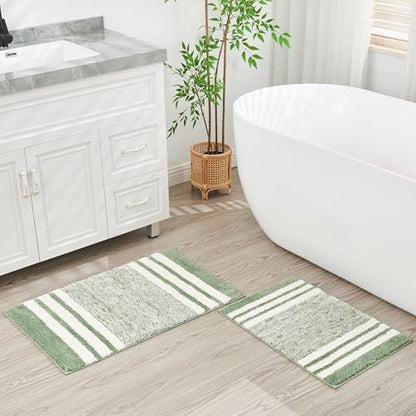 CozeCube Sage Green Striped 36"x24" Non Slip Washable Bath Mat