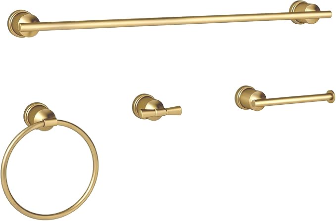 Gold Bathroom Hardware Set, 4-Pieces Wall Mounted Bath Accessories Kit, Stainless Steel Towel Bar, Towel Ring, Toilet Paper Holder & Robe Hooks, Modern Brushed Gold Finish
