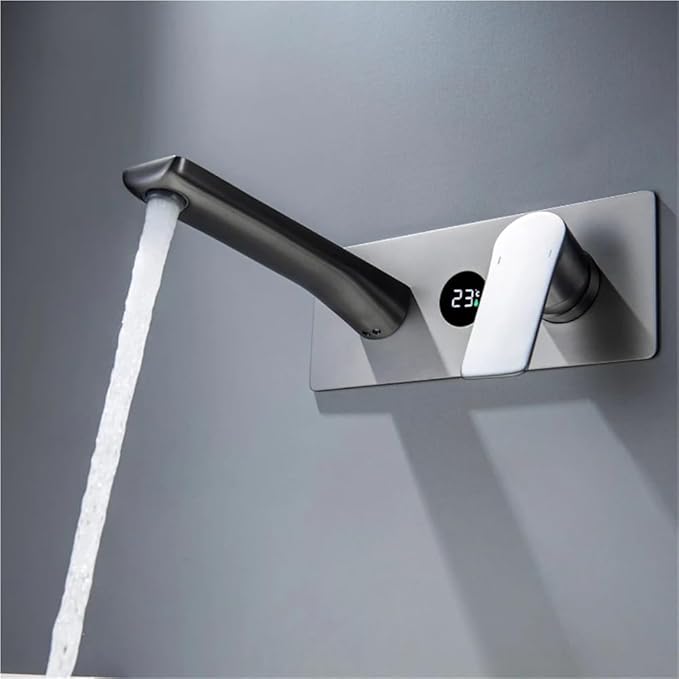 Faucet Concealed Digital Display Faucet Copper Gun Gray Wall-Mounted Countertop, Washbasin Cold and Hot Water Faucet(White) Faucet