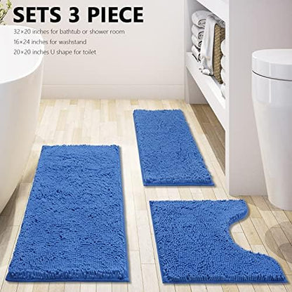 Bathroom Rugs Chenille 3-Piece Extra Soft and Absorbent Shag Bathroom Rugs, Machine Wash Mat, Strong PVC Non-Slip Underside, Plush Carpet Mats (Snow Cyan)
