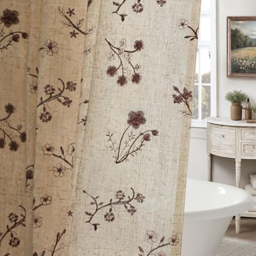 Brown Floral Vintage Linen Shower Curtain Embroidered Textured 72Wx72H