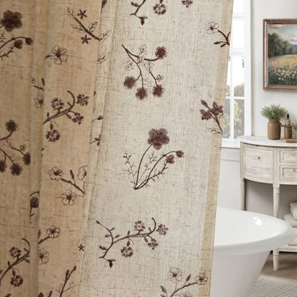 Brown Floral Vintage Linen Shower Curtain Embroidered Textured 72Wx72H