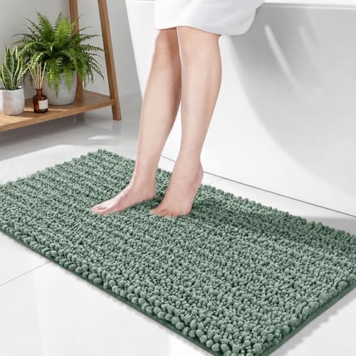 Disolla Sage Green Bathroom Rug 24x44 Inch - Thick Chenille Bath Mat, Large Shaggy Plush Absorbent Rug, Non-Slip Machine Washable Floor Mat for Double Vanity