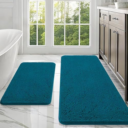 OLANLY Chenille Bathroom Rugs Sets 2 Piece, 47"x20"+30"x20", Peacock Blue