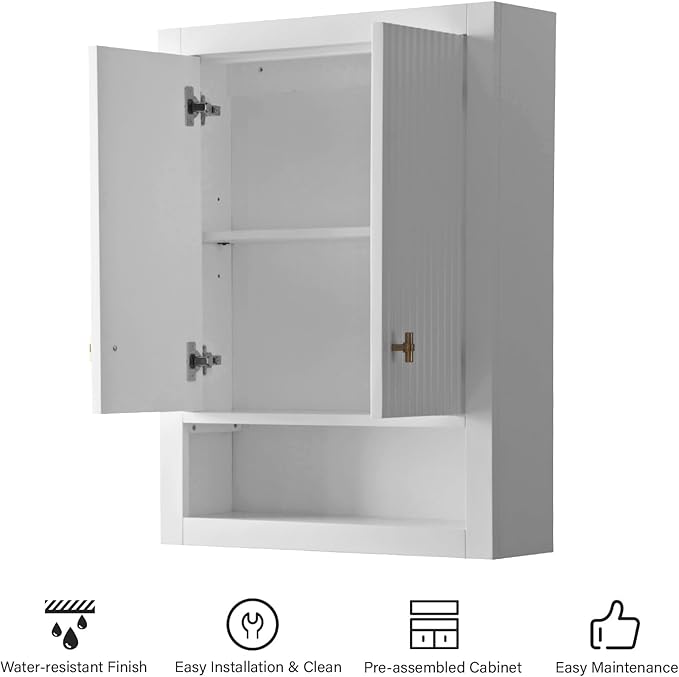 HOMEBEYOND 24 Inches Bathroom Vanity Wall Mount Storage Cabinet & Shelves, Free-Standing Vanity with Soft-Closing Doors, Golden Brushed Handware, White