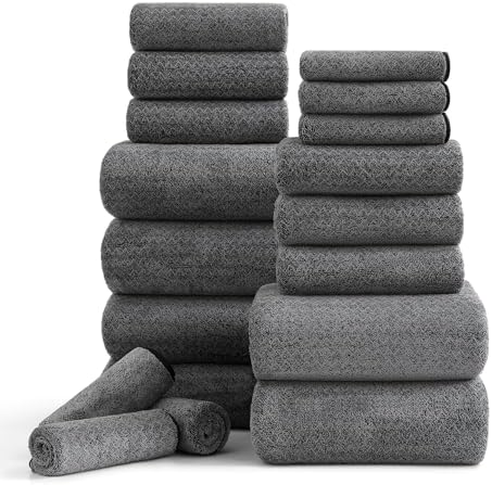 Ycosy 18 Piece Bath Towels Set,100% Microfiber Family Bathroom Towel with Hanging Loops-6 Bath Towels,6 Hand Towels,6 Washcloths,Quick Dry Highly Absorbent Shower Towel for Bathroom,Hotel,Spa-Black