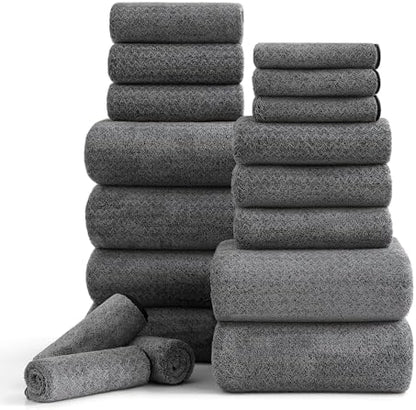 Ycosy 18 Piece Bath Towels Set,100% Microfiber Family Bathroom Towel with Hanging Loops-6 Bath Towels,6 Hand Towels,6 Washcloths,Quick Dry Highly Absorbent Shower Towel for Bathroom,Hotel,Spa-Black